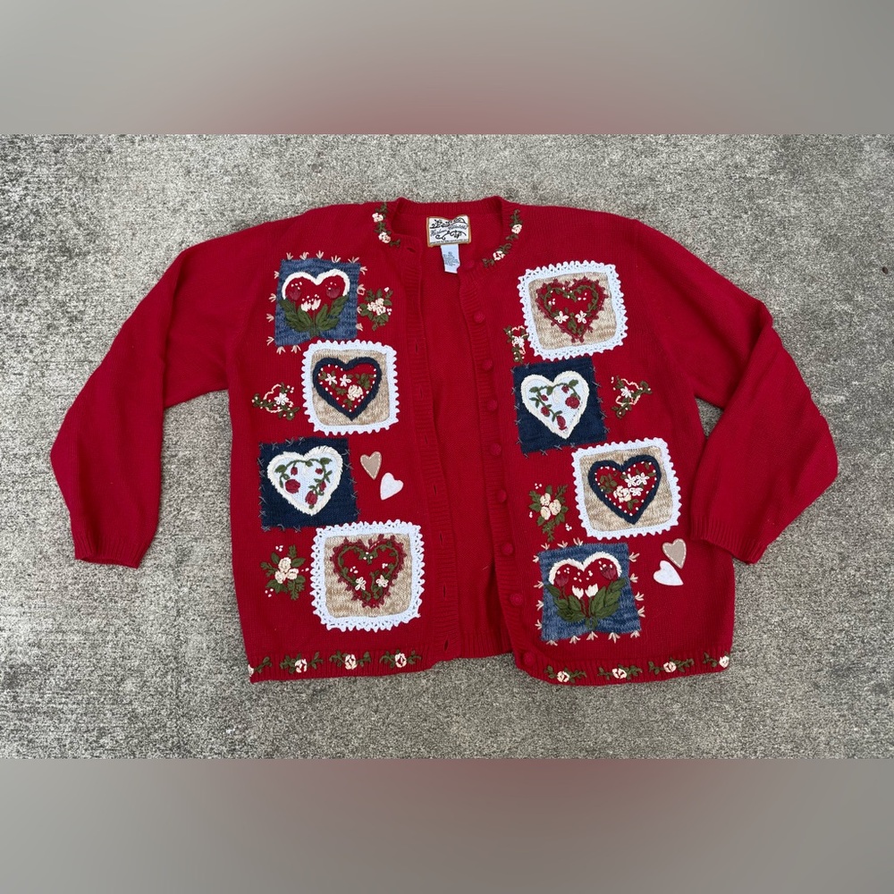 Vintage Heirloom Collectables Sweater Cardigan Red Valentine Hearts XL